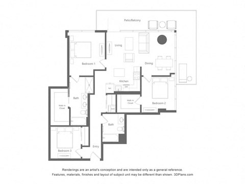 Floor plan for 2 beds, 2 baths, 1235 sqft